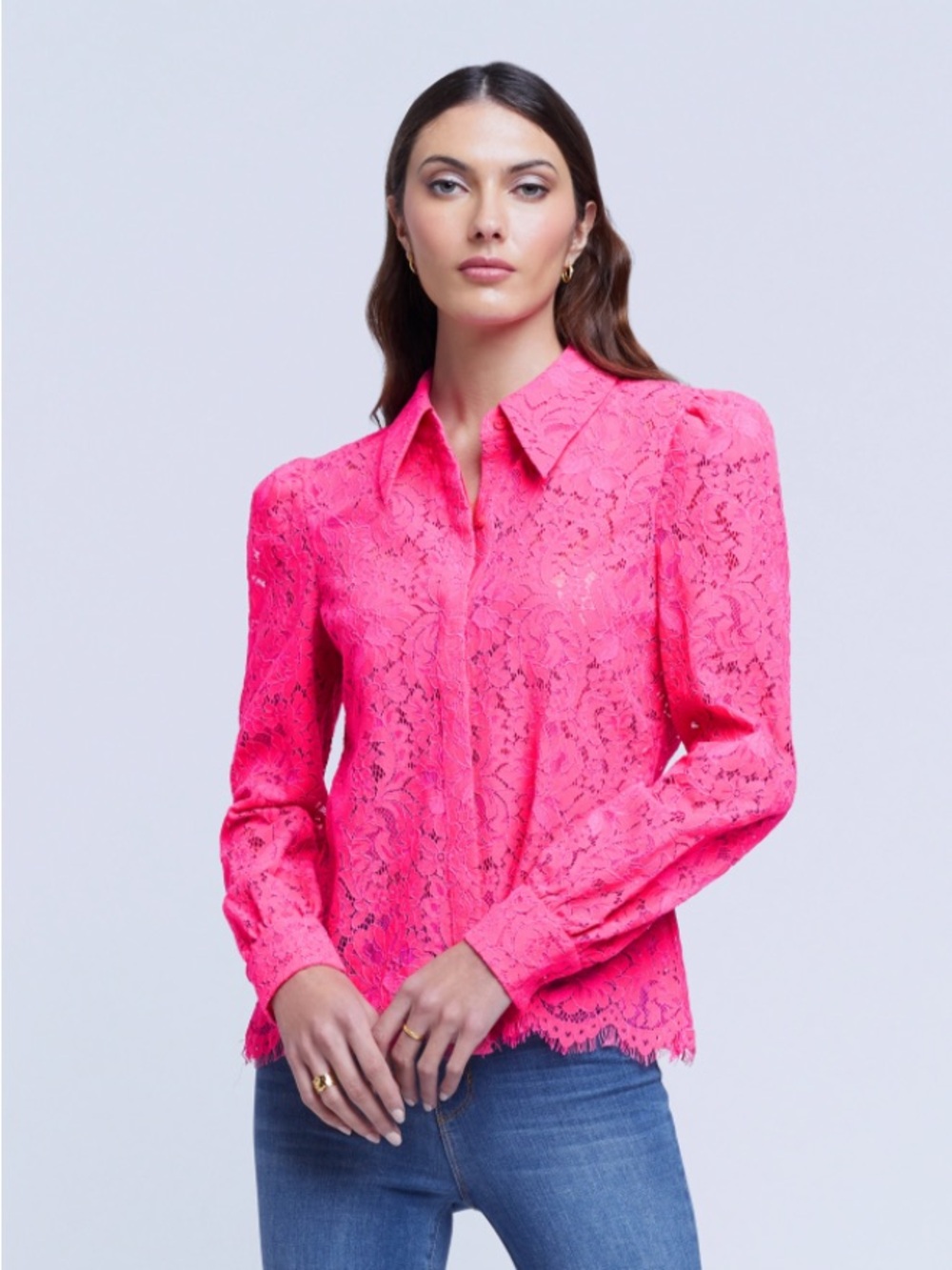 L’AGENCE Jenica Pink Lace Blouse Long Sleeve Puff Shoulder Collared Button Front